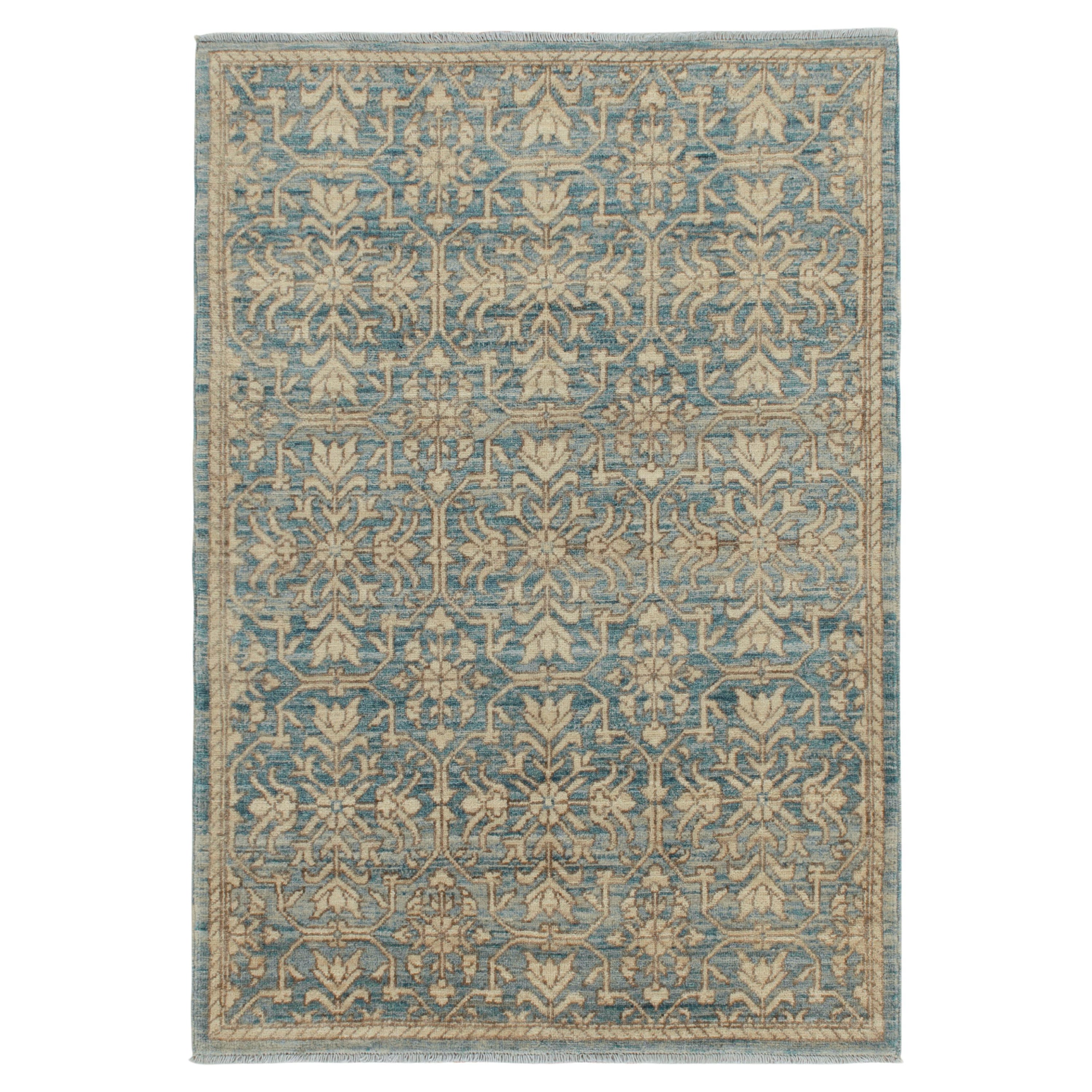 Rug & Kilim's Contemporary Teppich in Blau mit braun-beigefarbenen Blumenmustern im Angebot