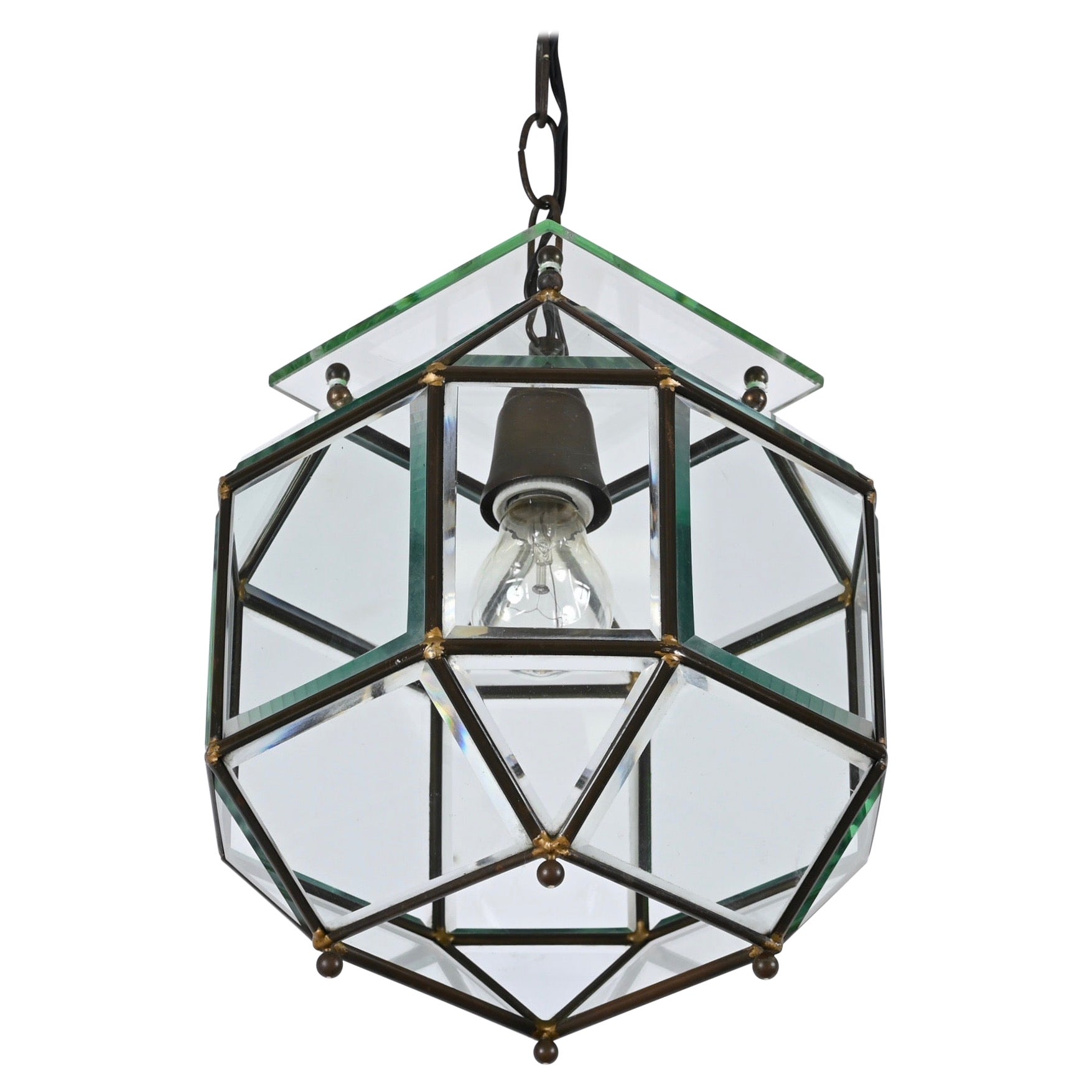 Glass and Brass Lantern Attributed to Fontana Arte, Italy Lighting 1950s 