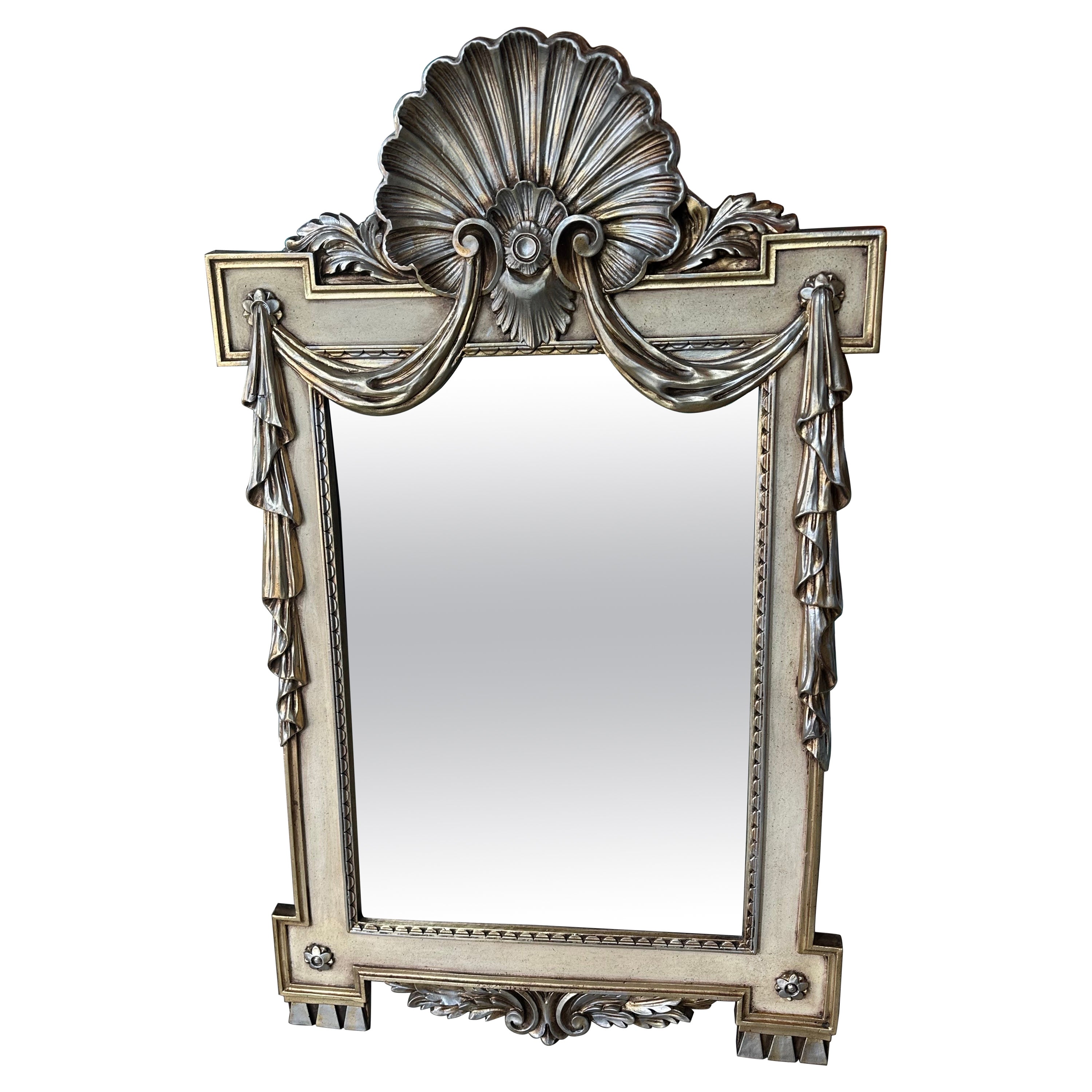 Silver Gold Gilt Shell Seashell Draped Wall Mirror Style of Dorothy Draper For Sale