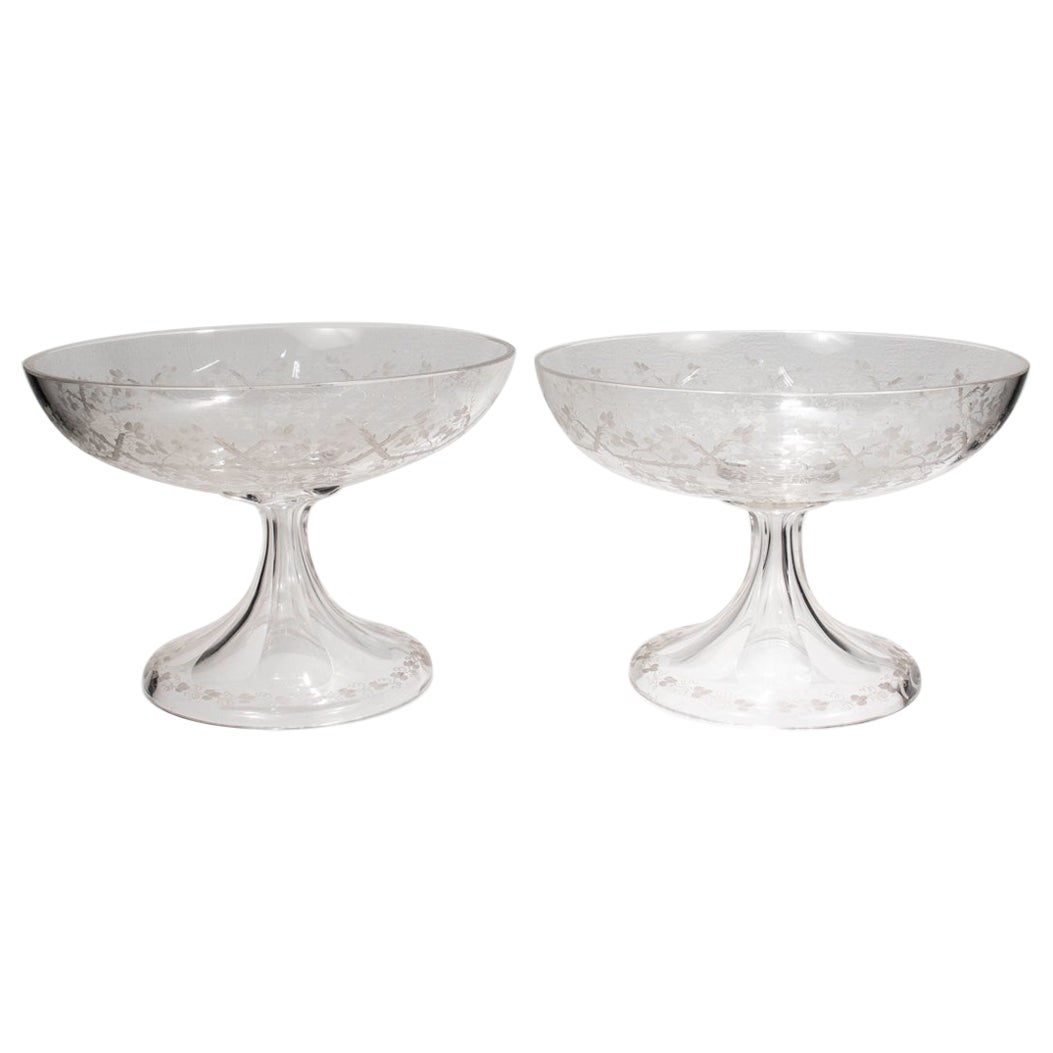 Pair of English Etched & Cut Glass Footed Bowls or Compotes