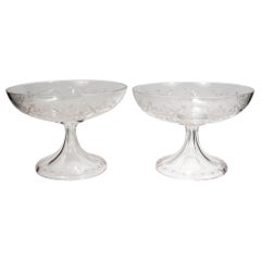 Pair of English Etched & Cut Glass Footed Bowls or Compotes