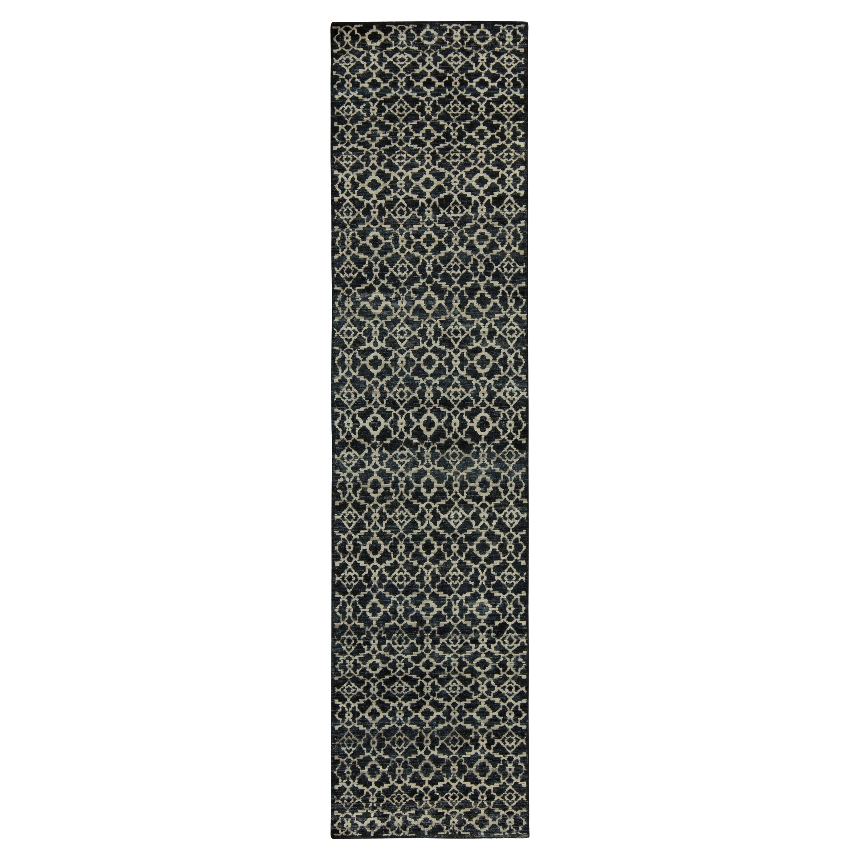 Rug & Kilim’s Contemporary runner in Black, Blue & White Trellis Patterns