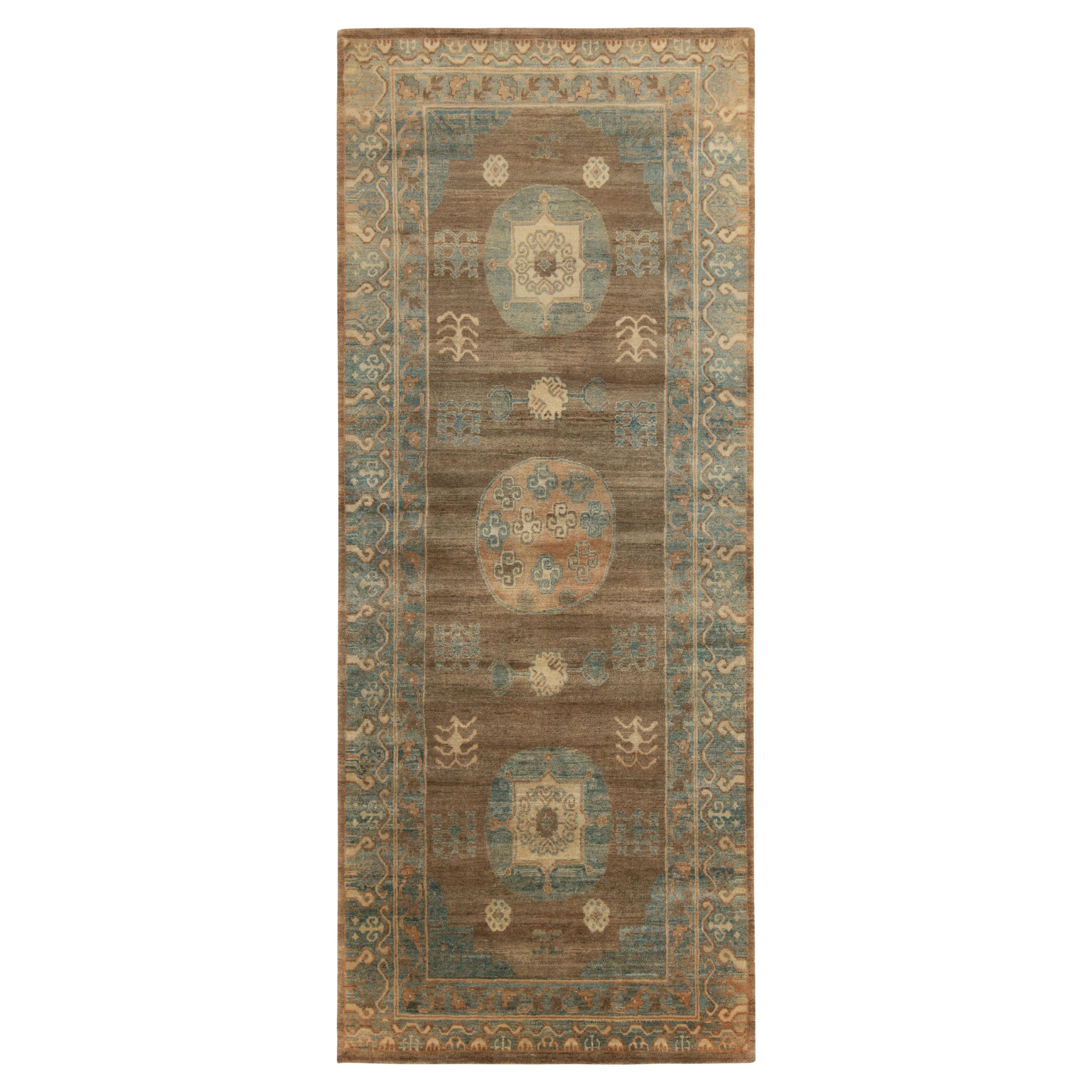 Rug & Kilim’s Khotan Samarkand Style Rug in Beige-Brown and Blue Medallion Style For Sale