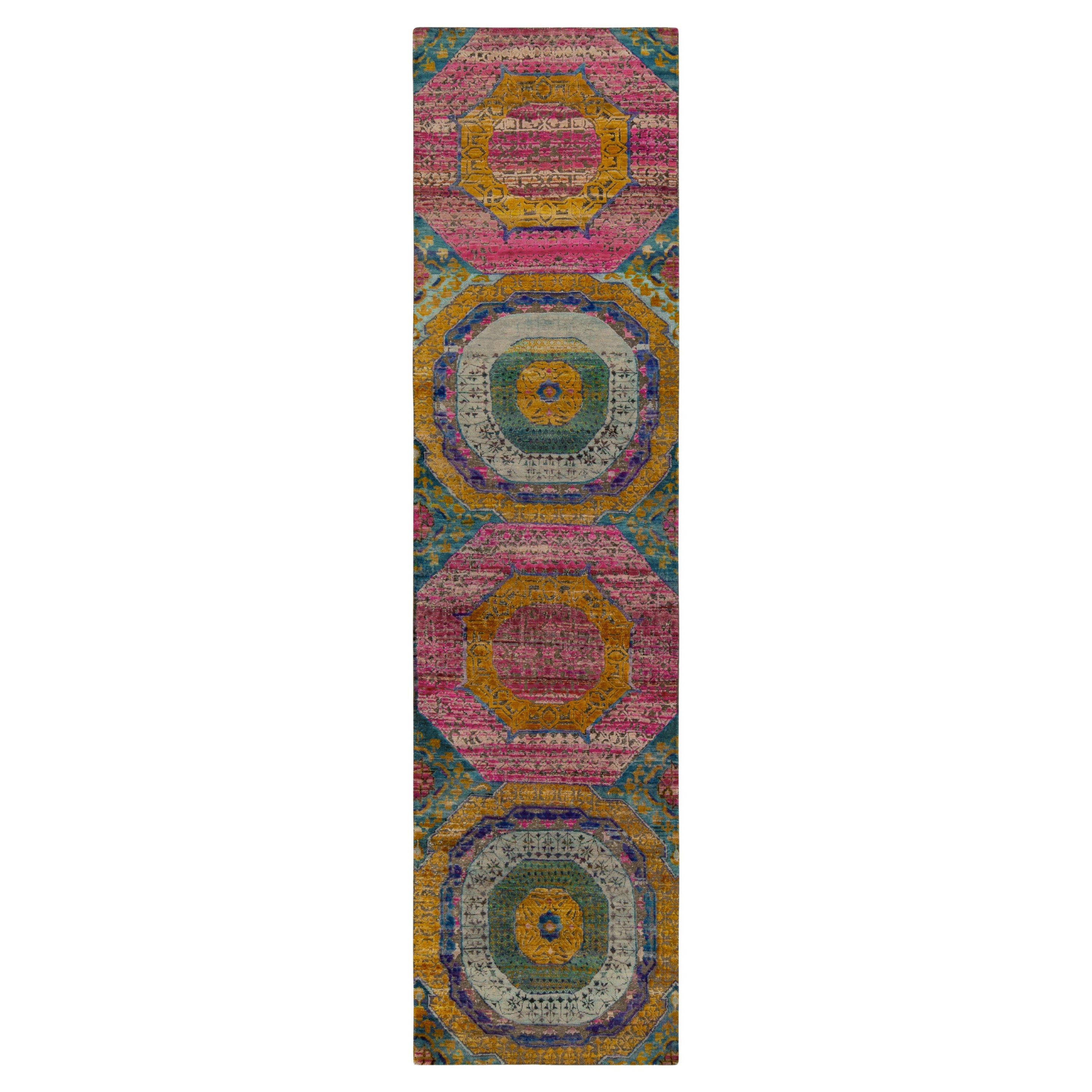 Rug & Kilim’s 17th Century Classic Style Runner in Gold, Pink & Blue Medallions For Sale
