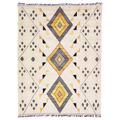 Modern Moroccan Style Handmade Geometric Pattern Ivory Wool Rug