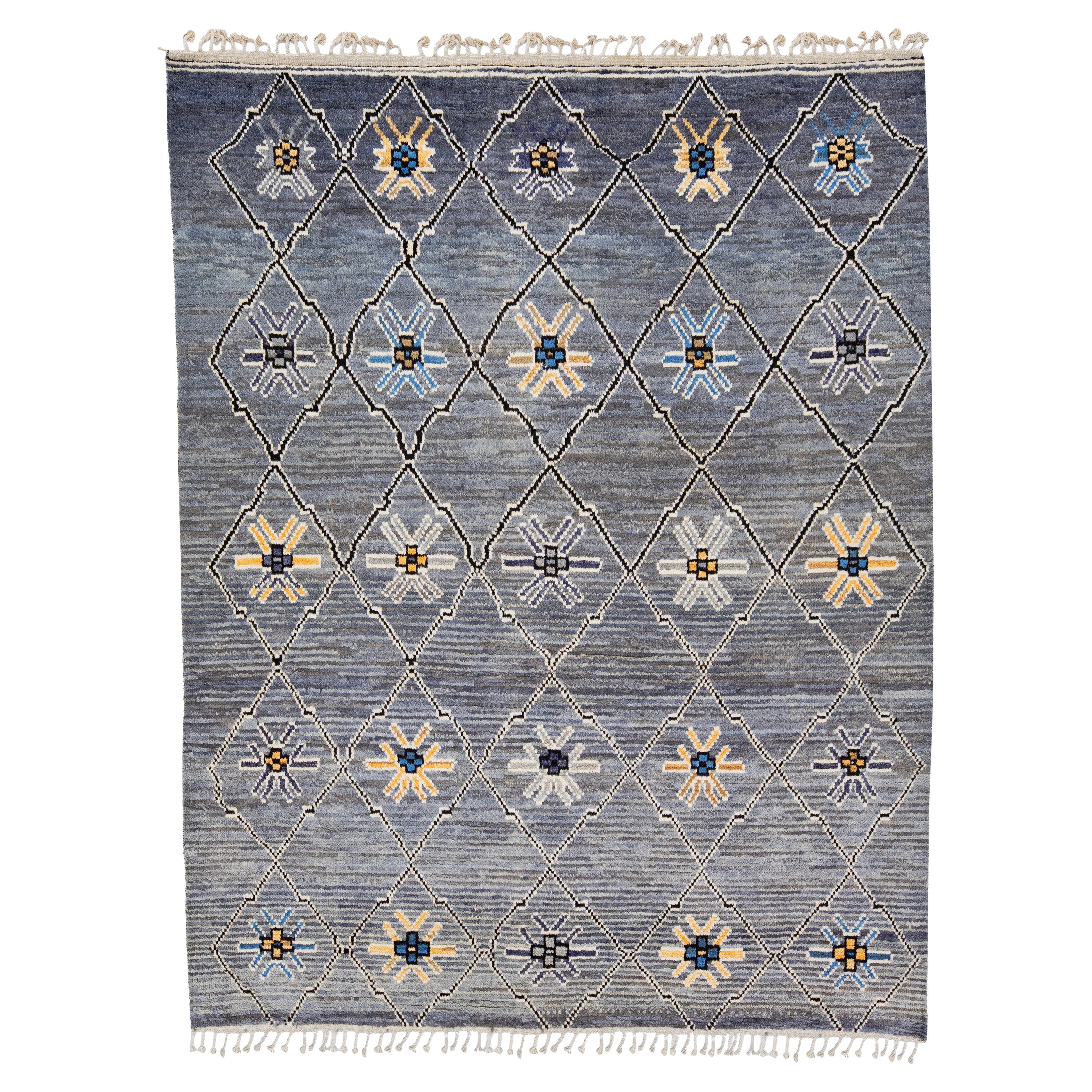Modern Moroccan Style Gray Handmade Wool Rug with Tribal Design For Sale