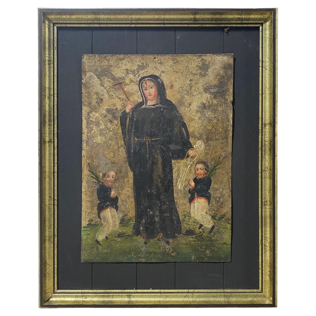 Colonial Mexican Folk Art Ex-Voto Retablo Painting of Saint Rita De Cascia 1800s For Sale