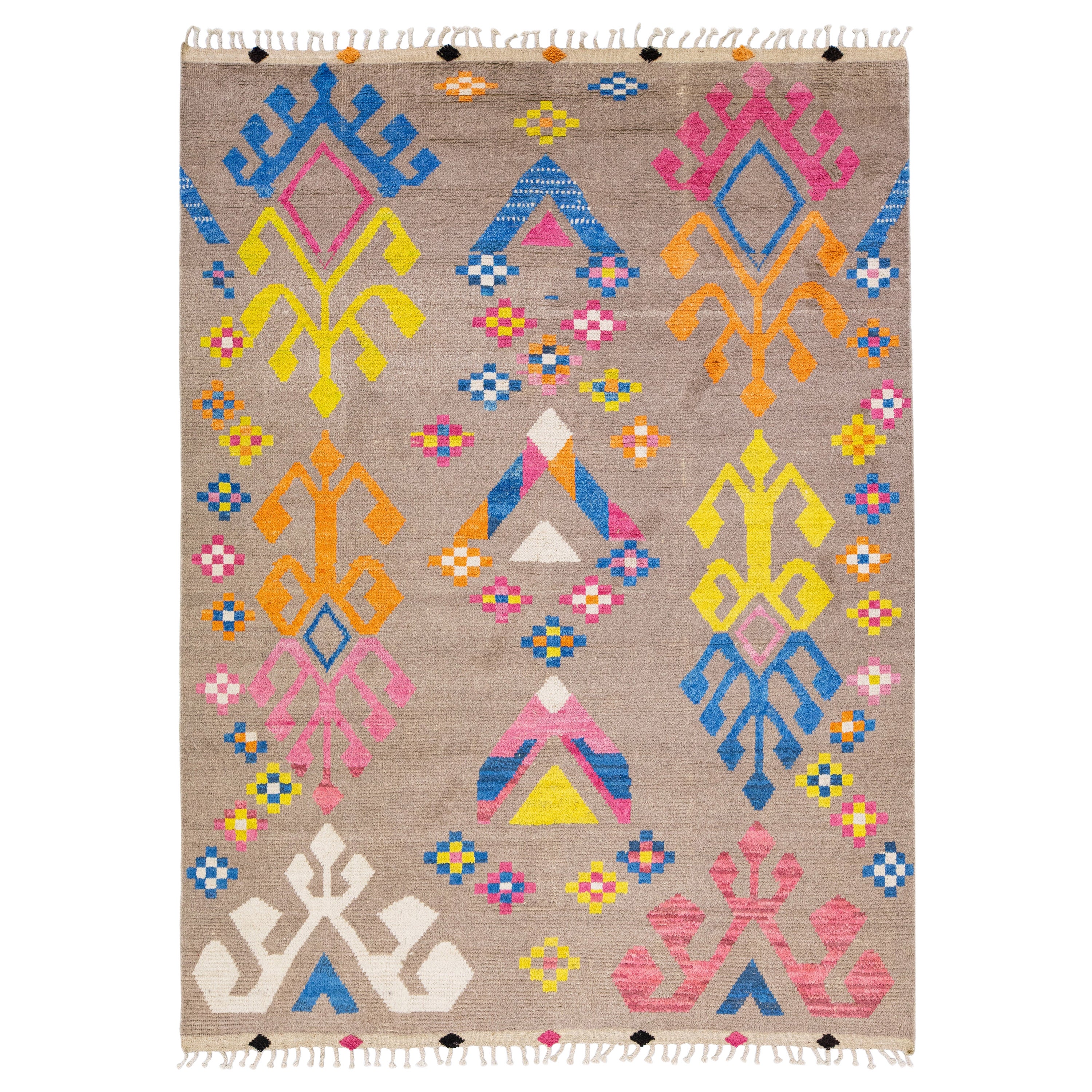 Contemporary Moroccan Style Handmade Multicolor Pattern Wool Rug For Sale