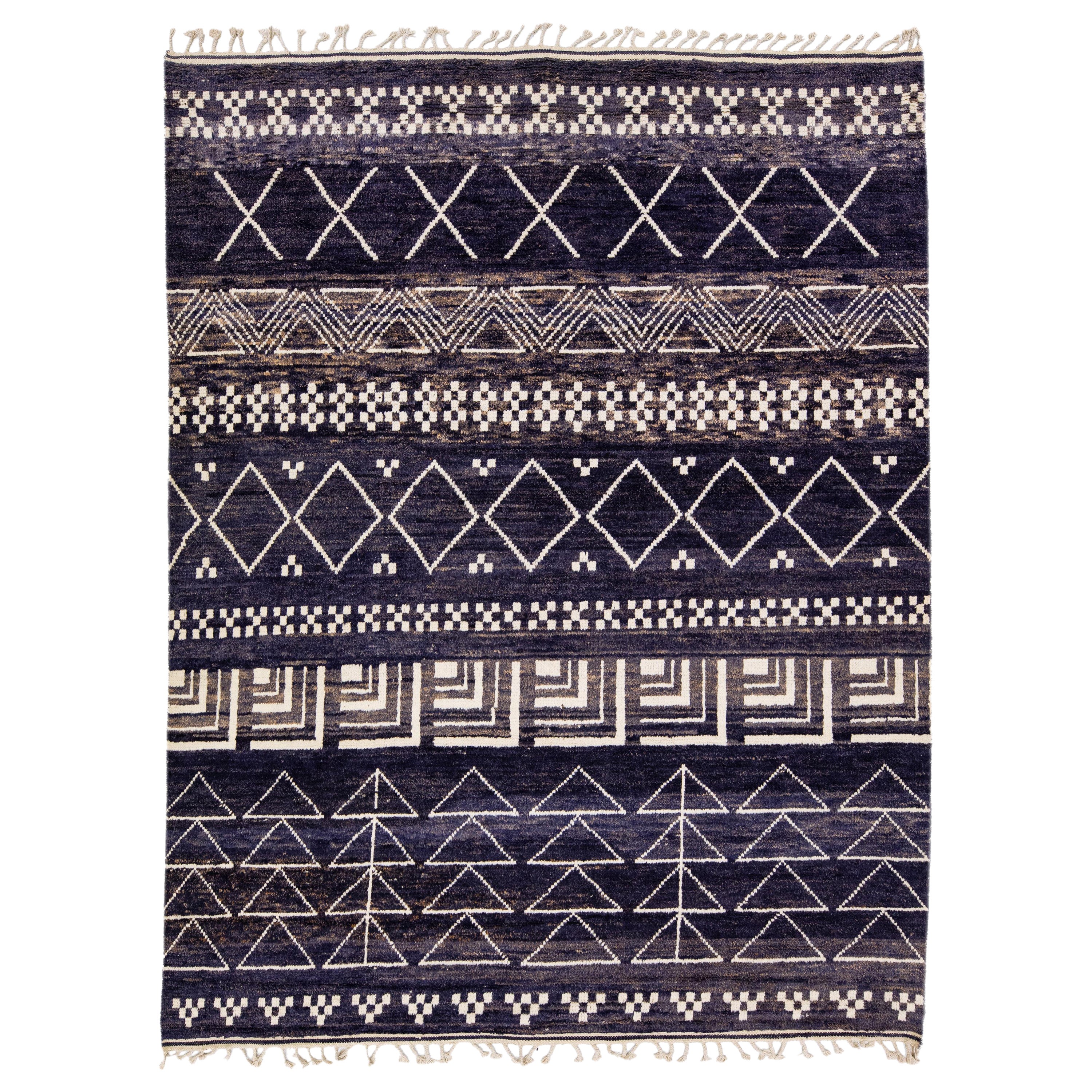 Modern Moroccan Style Navy Blue Handmade Tribal Wool Rug