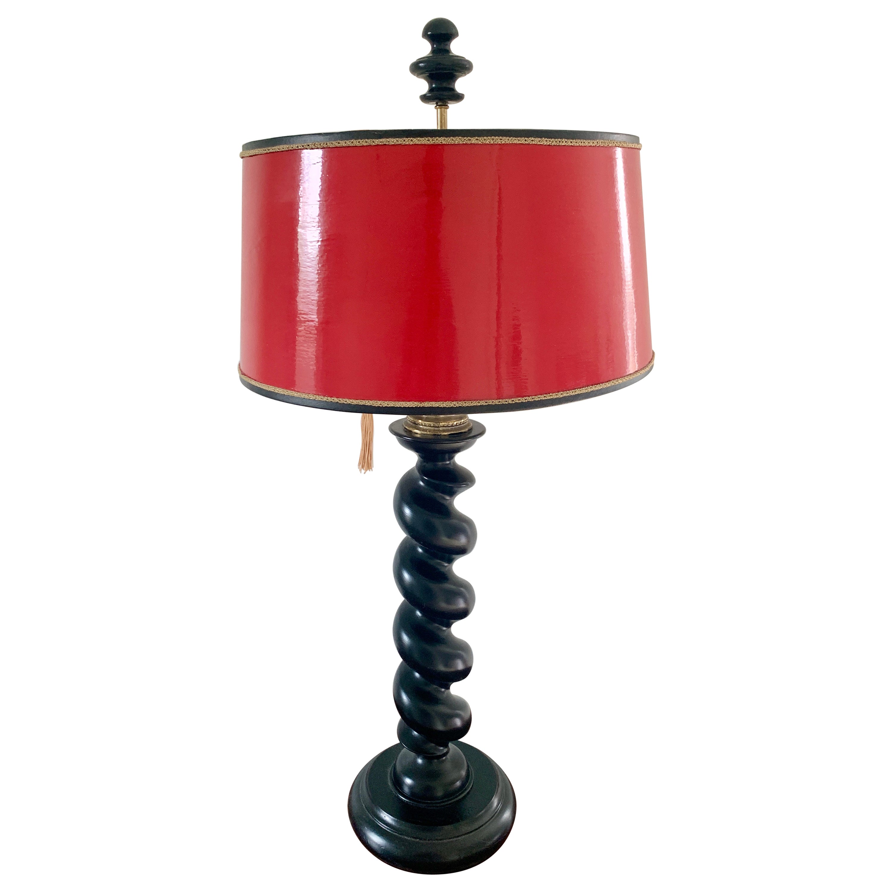 Ebonized Oak Barley Twist Table Lamp with Red Lacquered Shade For Sale