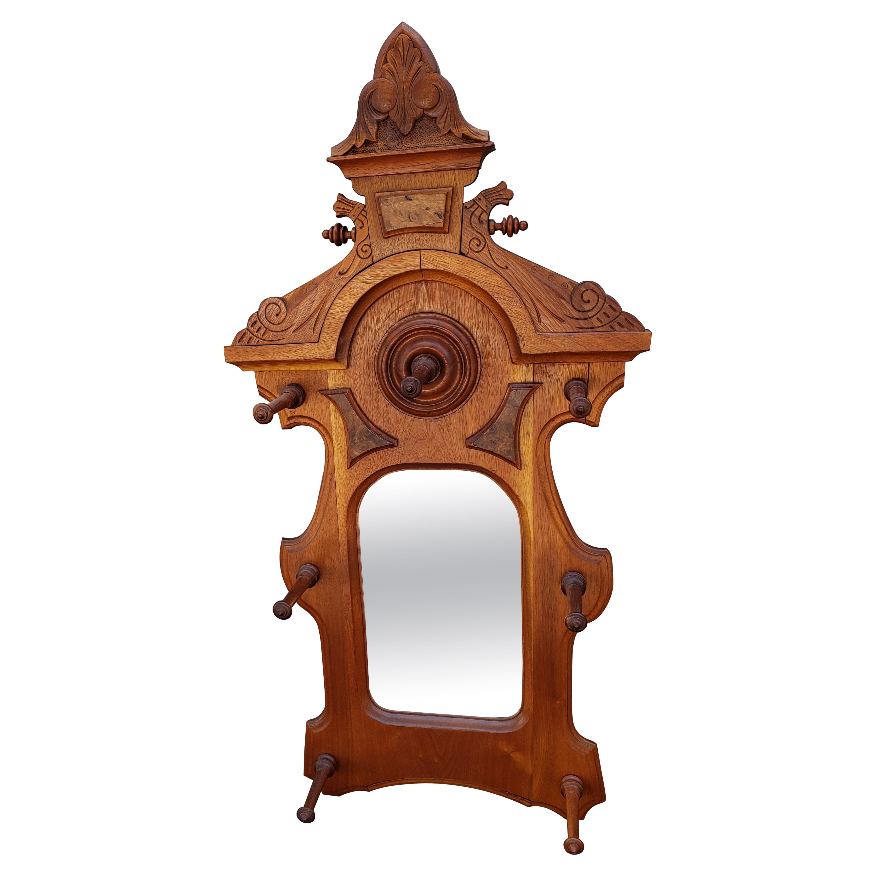 19th Century Eastlake Golden Oak Rococo Style Coat and Hat Handing Hall Mirror 