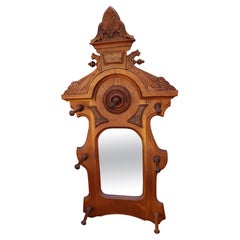 19th Century Eastlake Golden Oak Rococo Style Coat and Hat Handing Hall Mirror 