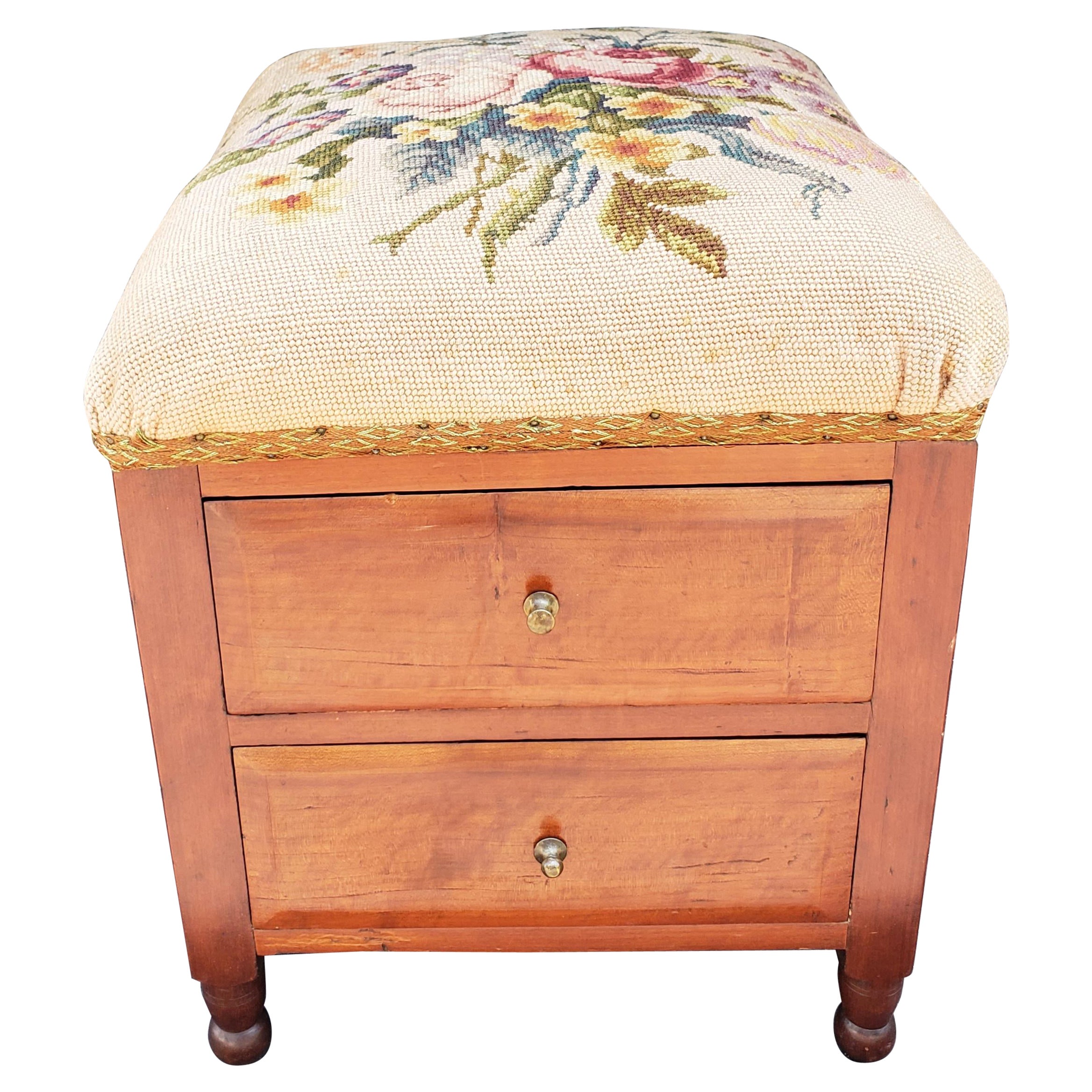 Victorian Two-Drawer Mahogany Needlework Upholstered Stool on Wheels For Sale