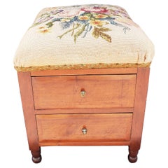Antique Victorian Two-Drawer Mahogany Needlework Upholstered Stool on Wheels