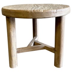 Vintage Custom Reclaimed Elm Wood Round Side Table with Round Legs