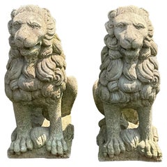 Vintage English Style Garden Seated Lion Concrete / Stone Statues - Pair 
