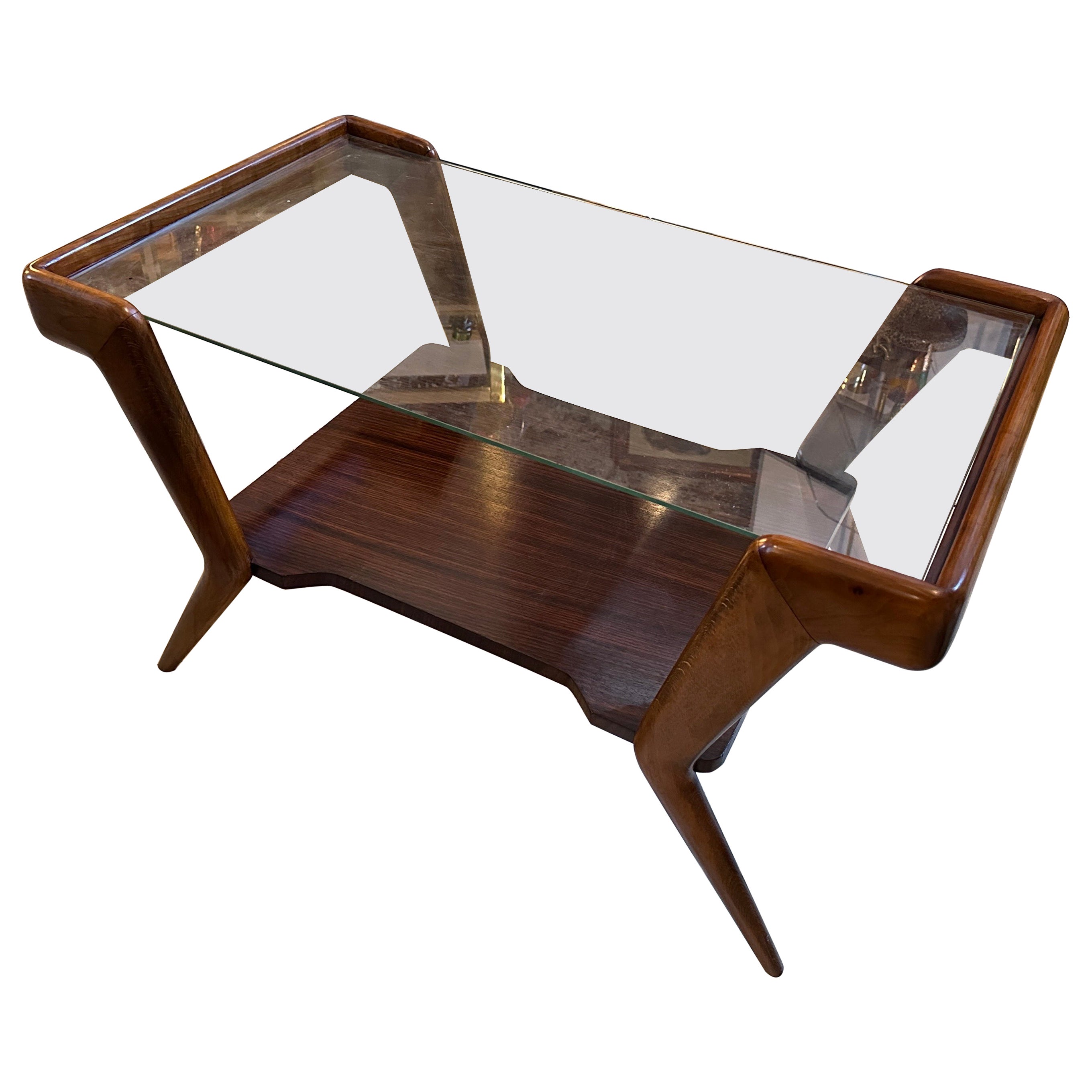 Midcentury Coffee Table Cherry Wood Rectangular Form Glass Top 1950s