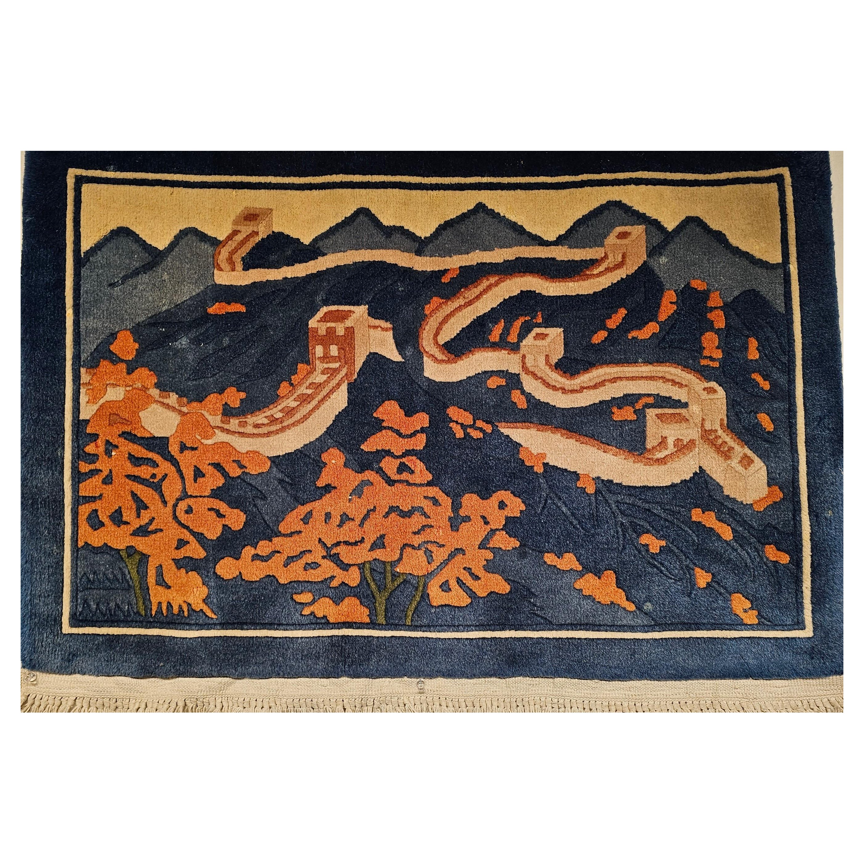 Vintage Chinese Pictorial Landscape Rug of The Great Wall in Navy Blue, Ivory For Sale