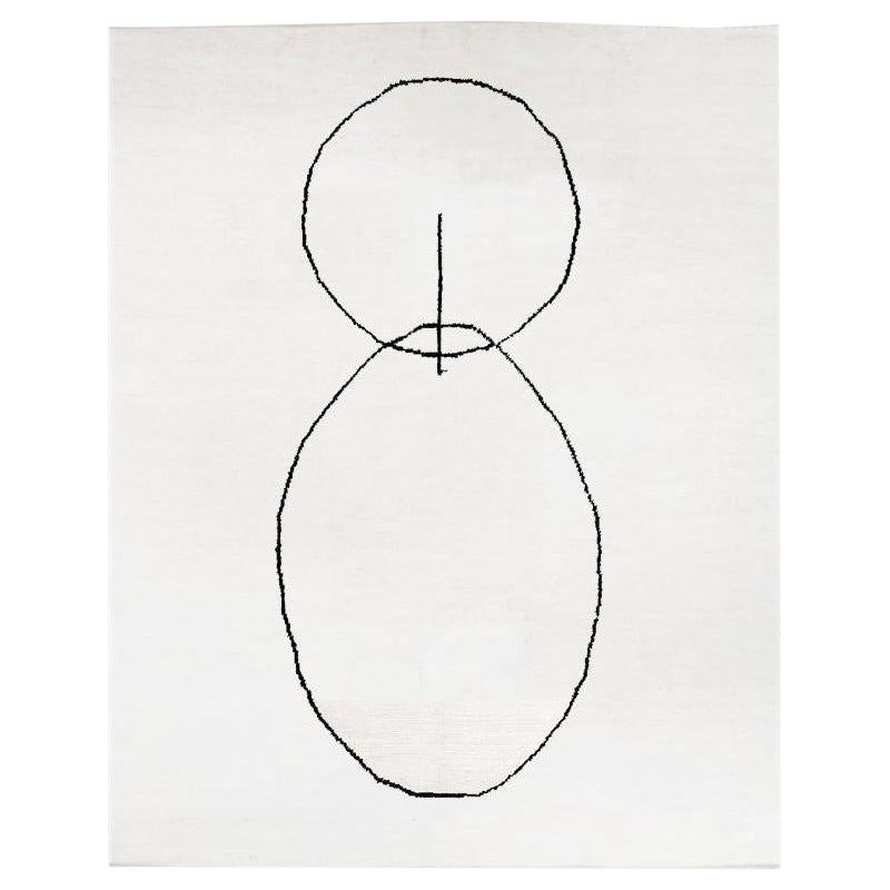 Abstract White Rug of Black Design Handmade in Hemp For Sale
