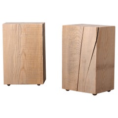 Pair of Wood Block Side Tables, Solid Ash, Brass Feet