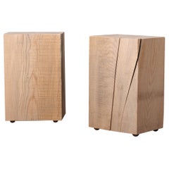 Pair of Wood Block Side Tables, Solid Ash, Brass Feet