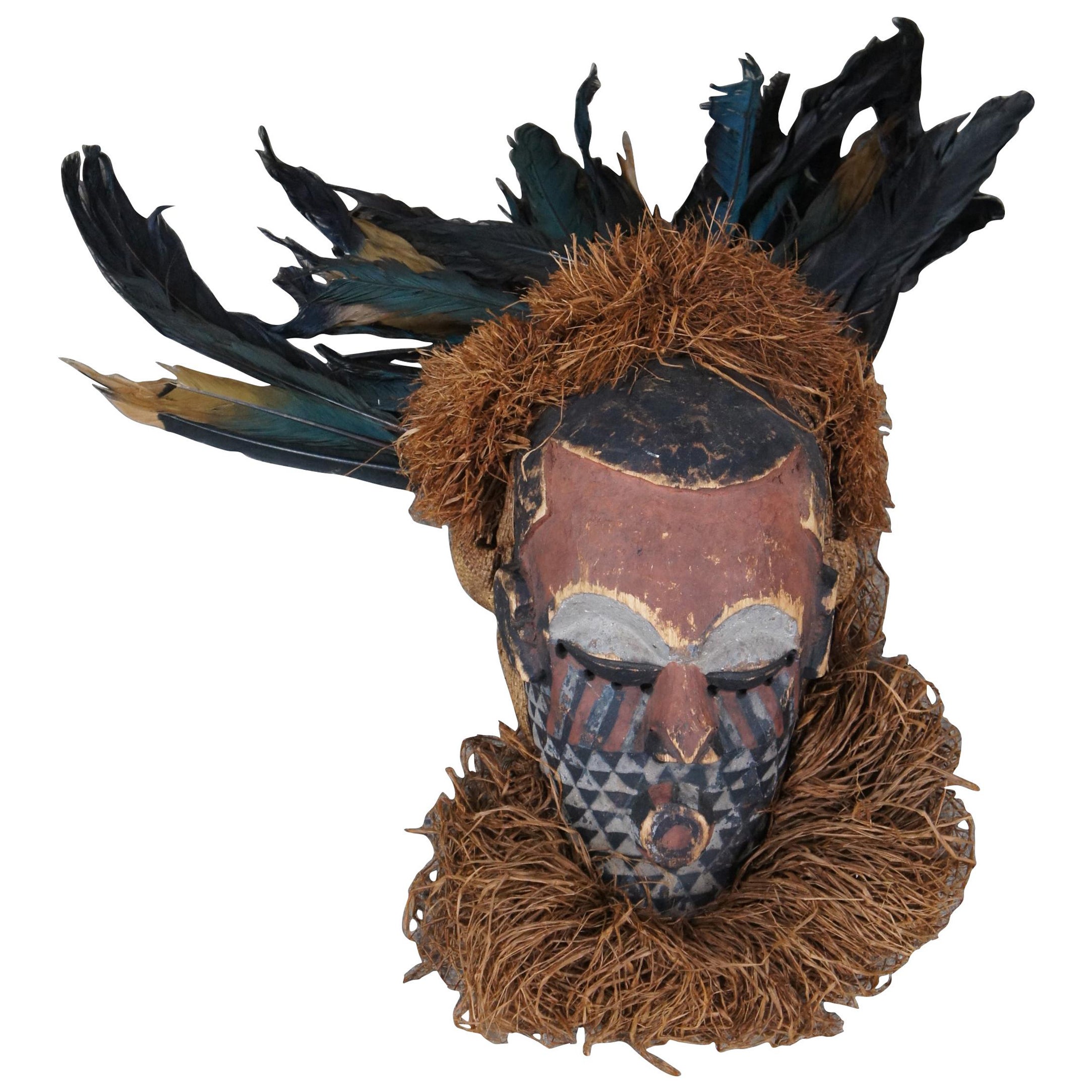 Casque de masque tribal africain central du 20e siècle Bushongo 24 po.