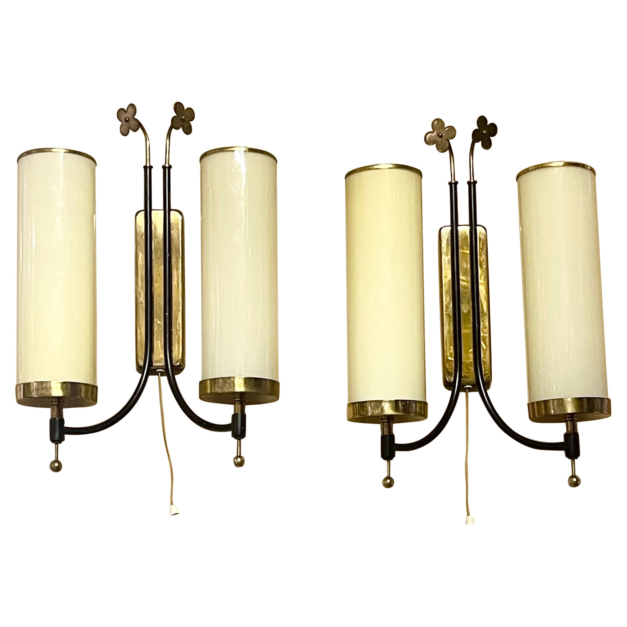Pair of Scandinavian Tynell Style Opal Glass Tube and Brass Wall Sconces, 1940s For Sale