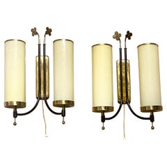 Pair of Scandinavian Tynell Style Opal Glass Tube and Brass Wall Sconces, 1940s