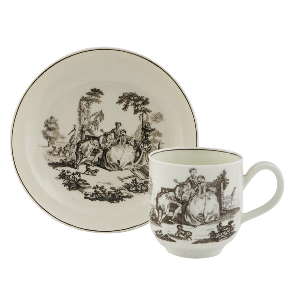 Tasse à café et soucoupe en porcelaine de Worcester imprimé Hancock L'Amour, vers 1760 en vente
