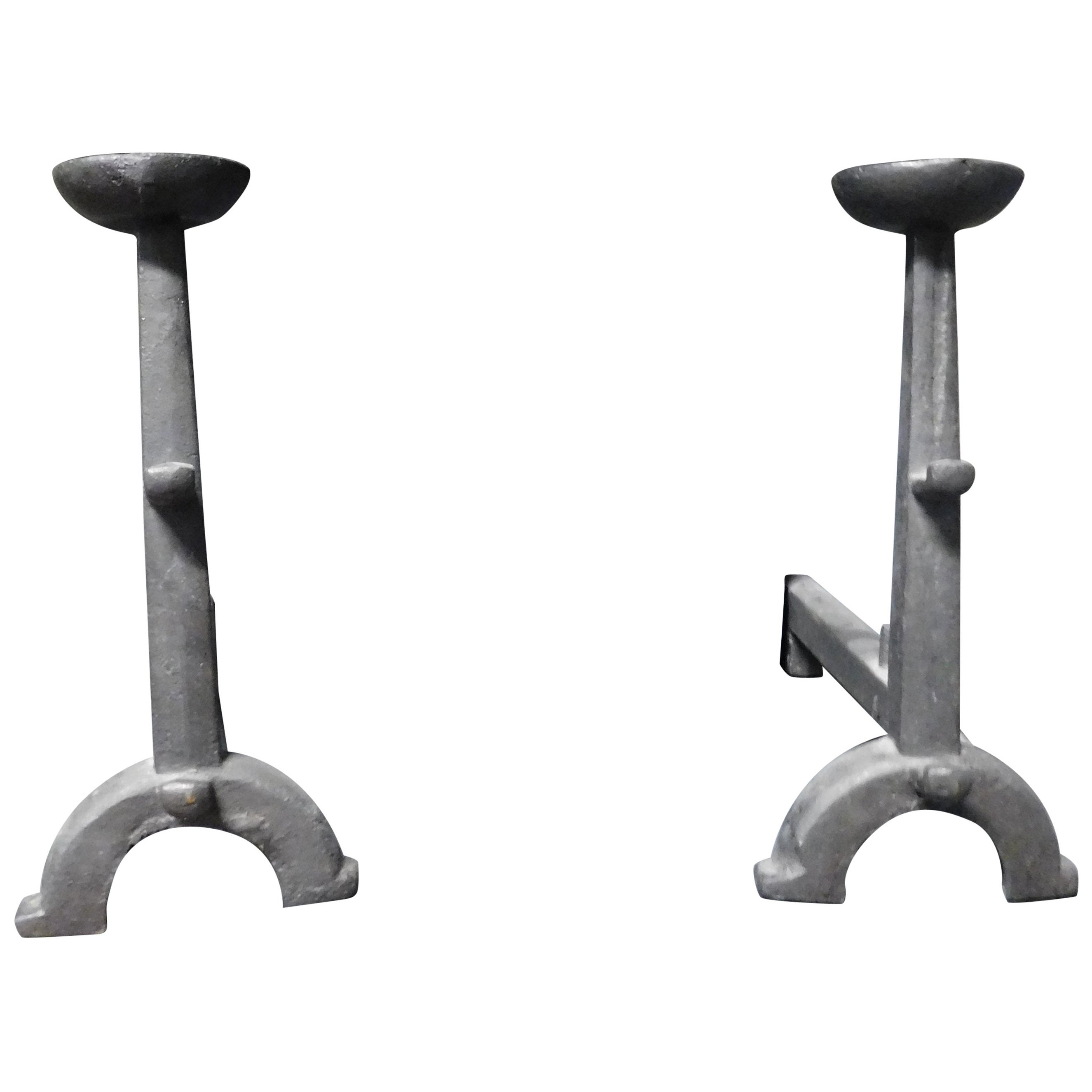 Pair of Iron Andirons with Cup Holder, 19th Century, Italy For Sale