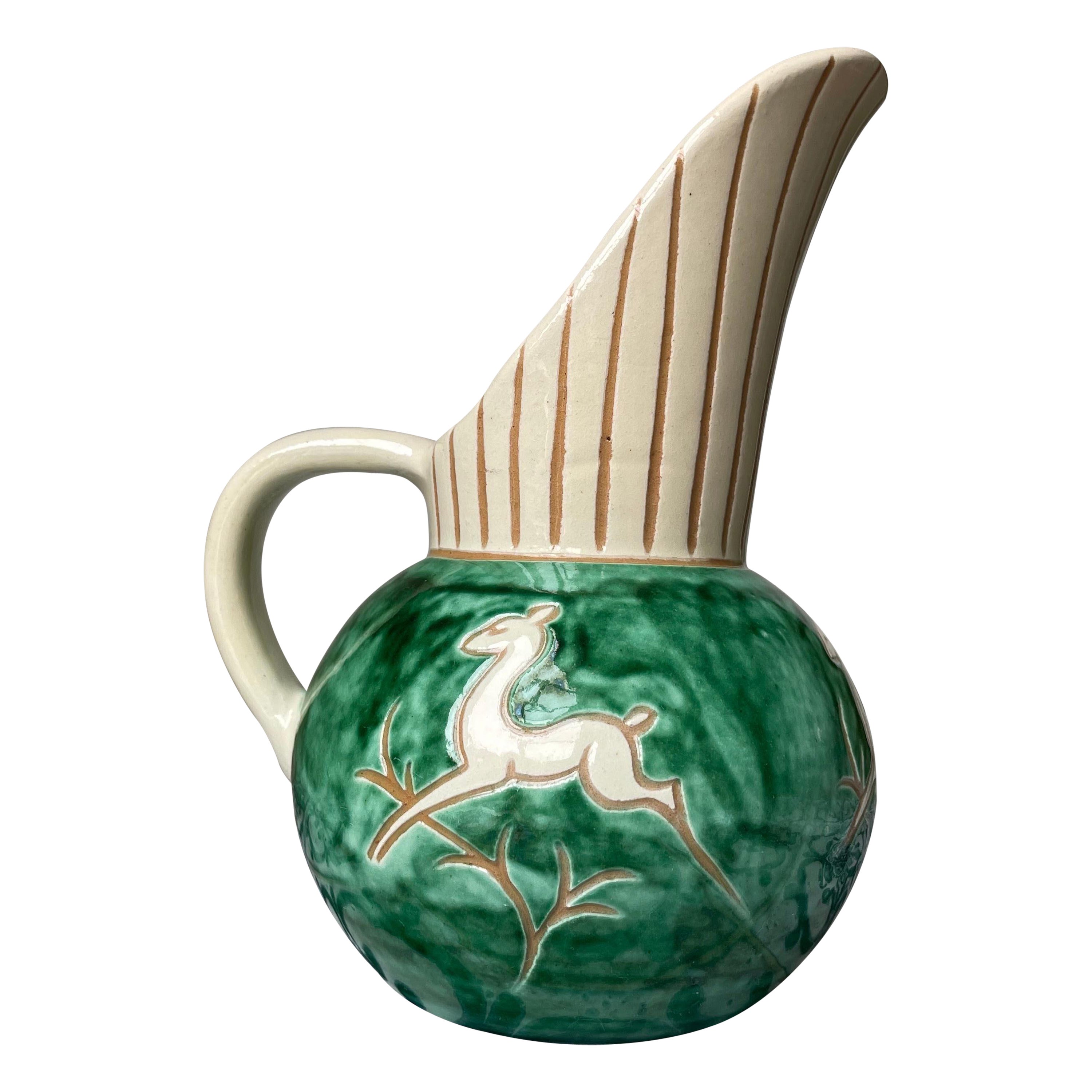 1950s Green Cream Ceramic Pitcher Vase, Denmark For Sale