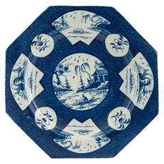 Octagonal Worcester Porcelain Plate Fan Panel Landscape Pattern, 1768-70