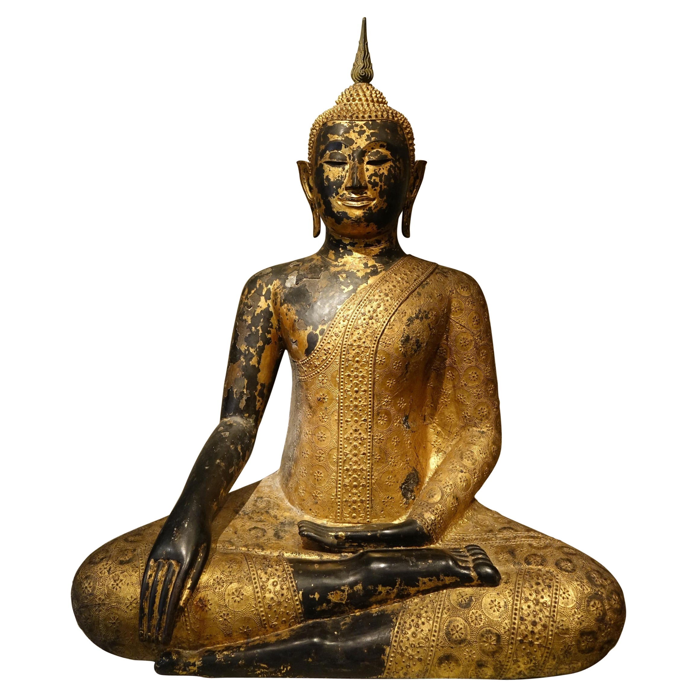  Large Buddha in Bronze, Lacquer and Gold Leaf, Rattanakosin 1850 For Sale
