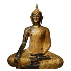 Antique  Large Buddha in Bronze, Lacquer and Gold Leaf, Rattanakosin 1850