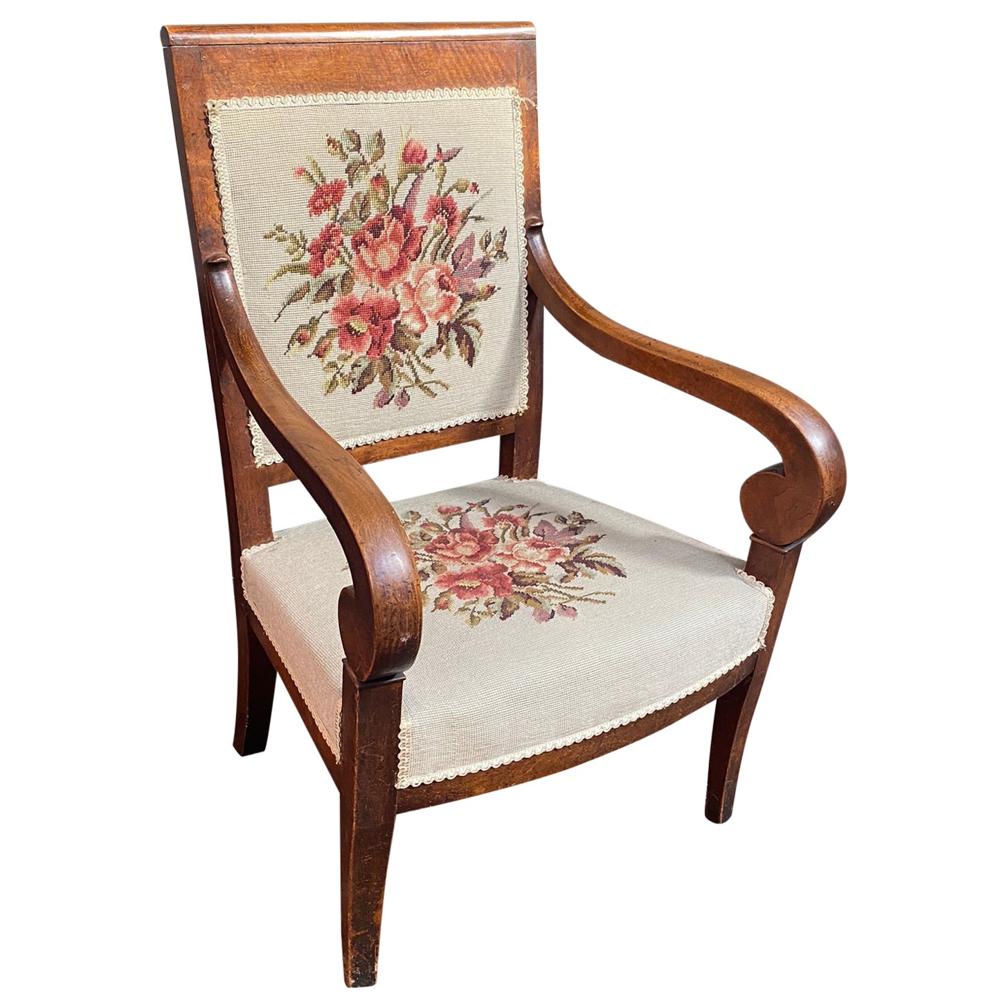 Empire period armchair in walnut, upholstery redone For Sale