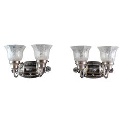 Pair of Nickle Plated 2 Arm Sconces Etched Glass Shades 