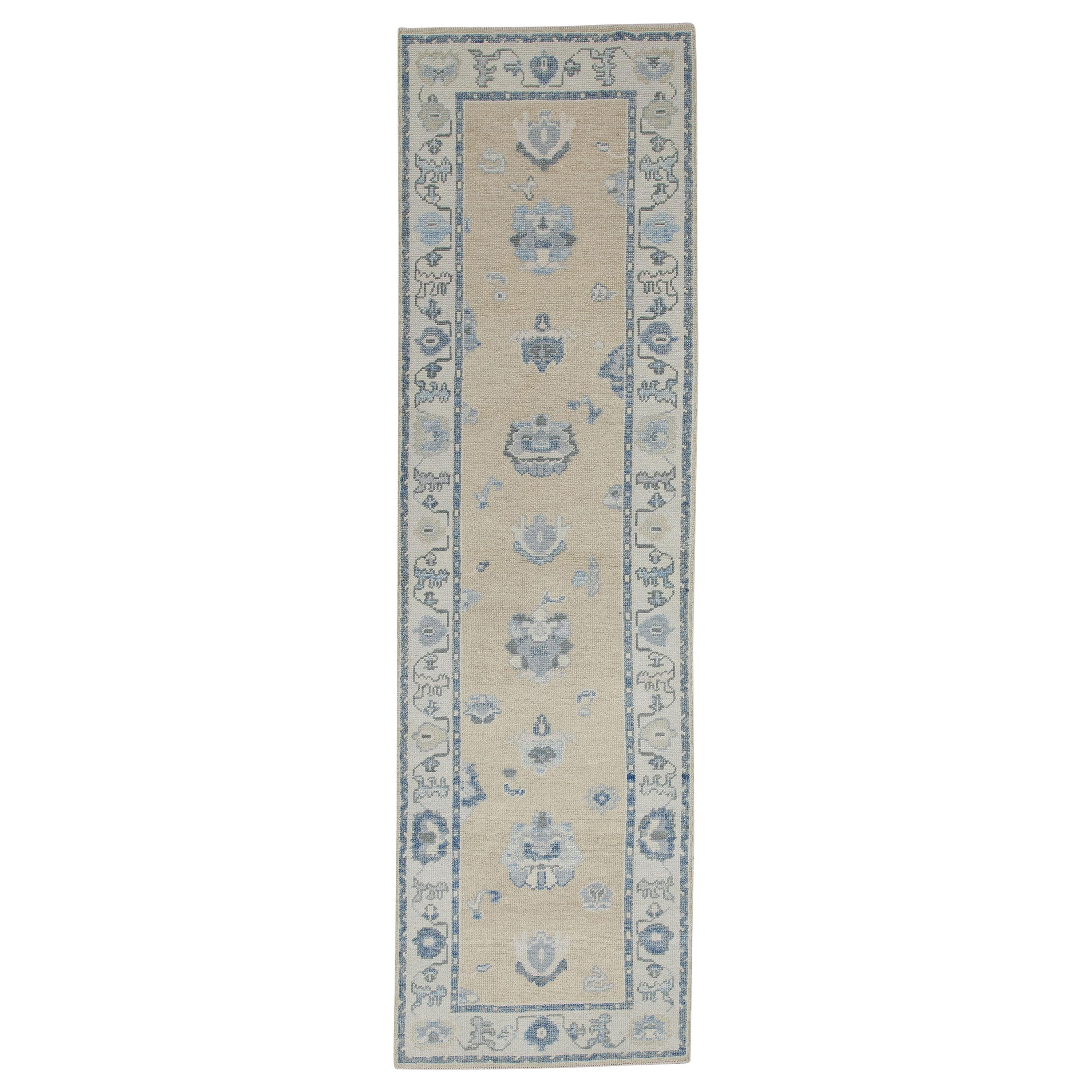 Yellow & Blue Floral Design Handwoven Wool Turkish Oushak Runner For Sale
