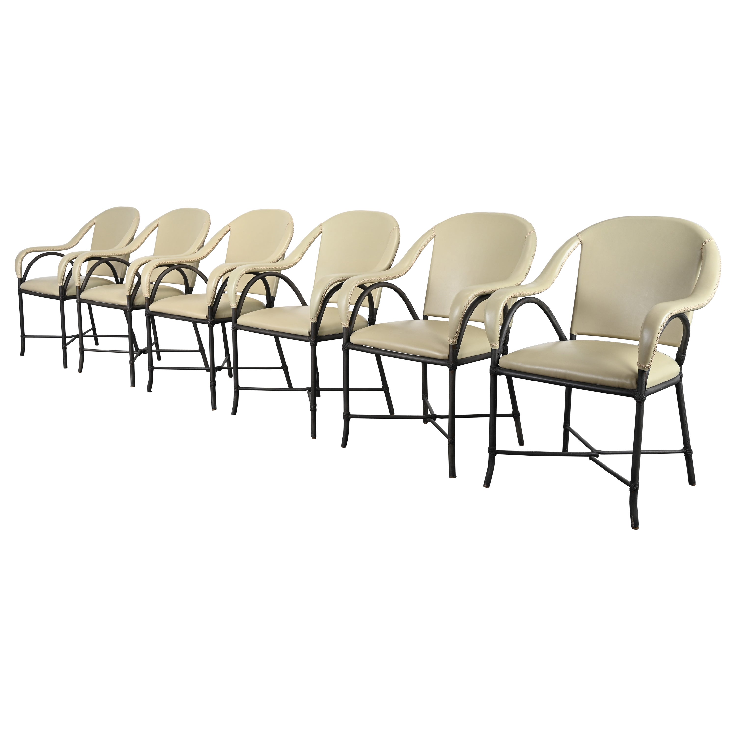 Set of Six Steel and Leather Dining Chairs in the Manner of McGuire For Sale