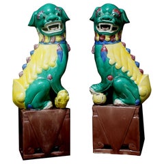 Antique Pair of Supper Large (14.5") Chinese Famille Verte Glazed Porcelain Foo Dogs