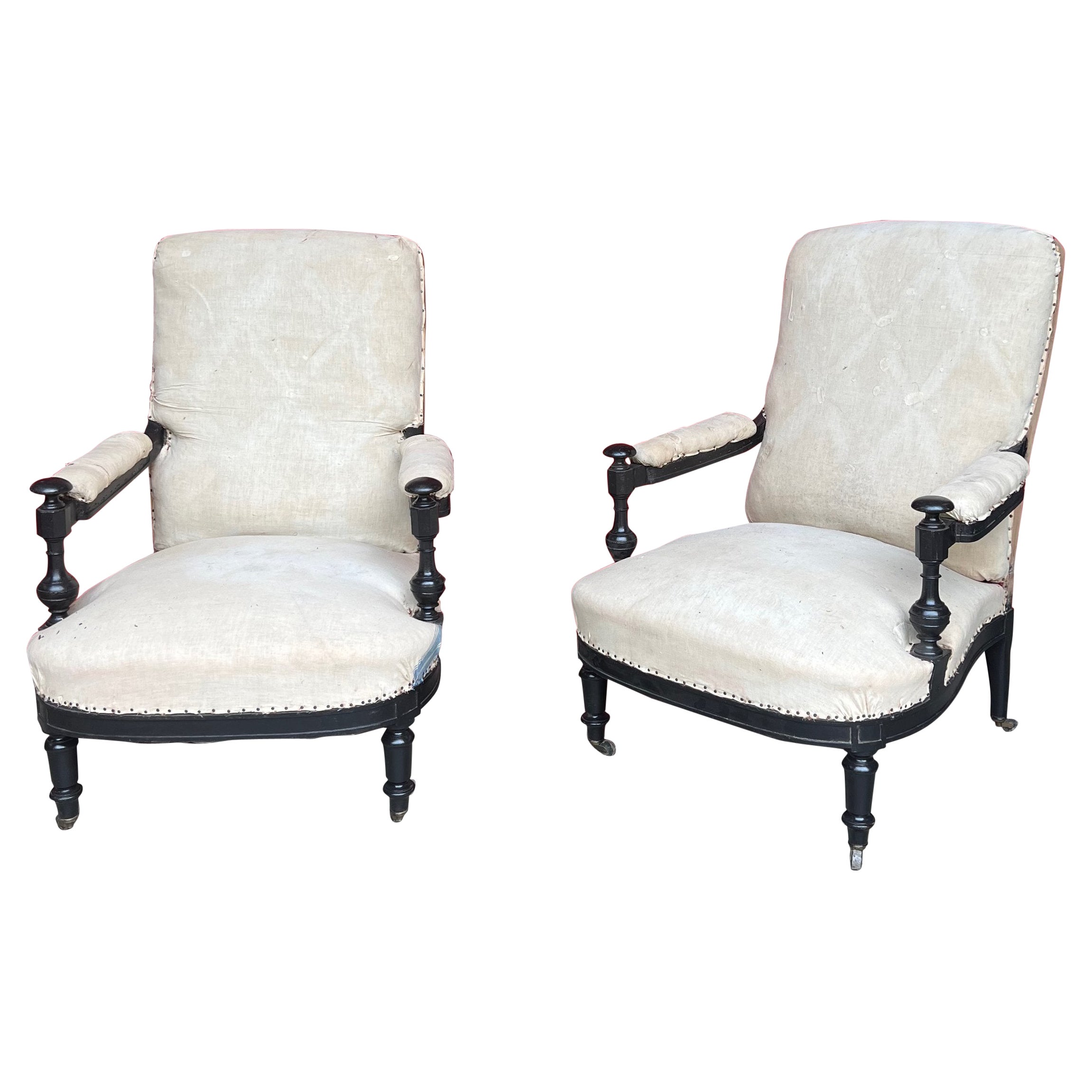 Pair of French Napoleon III Armchairs with Exposed Ebonized Frames