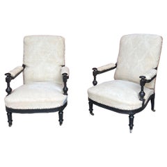 Pair of French Napoleon III Armchairs with Exposed Ebonized Frames
