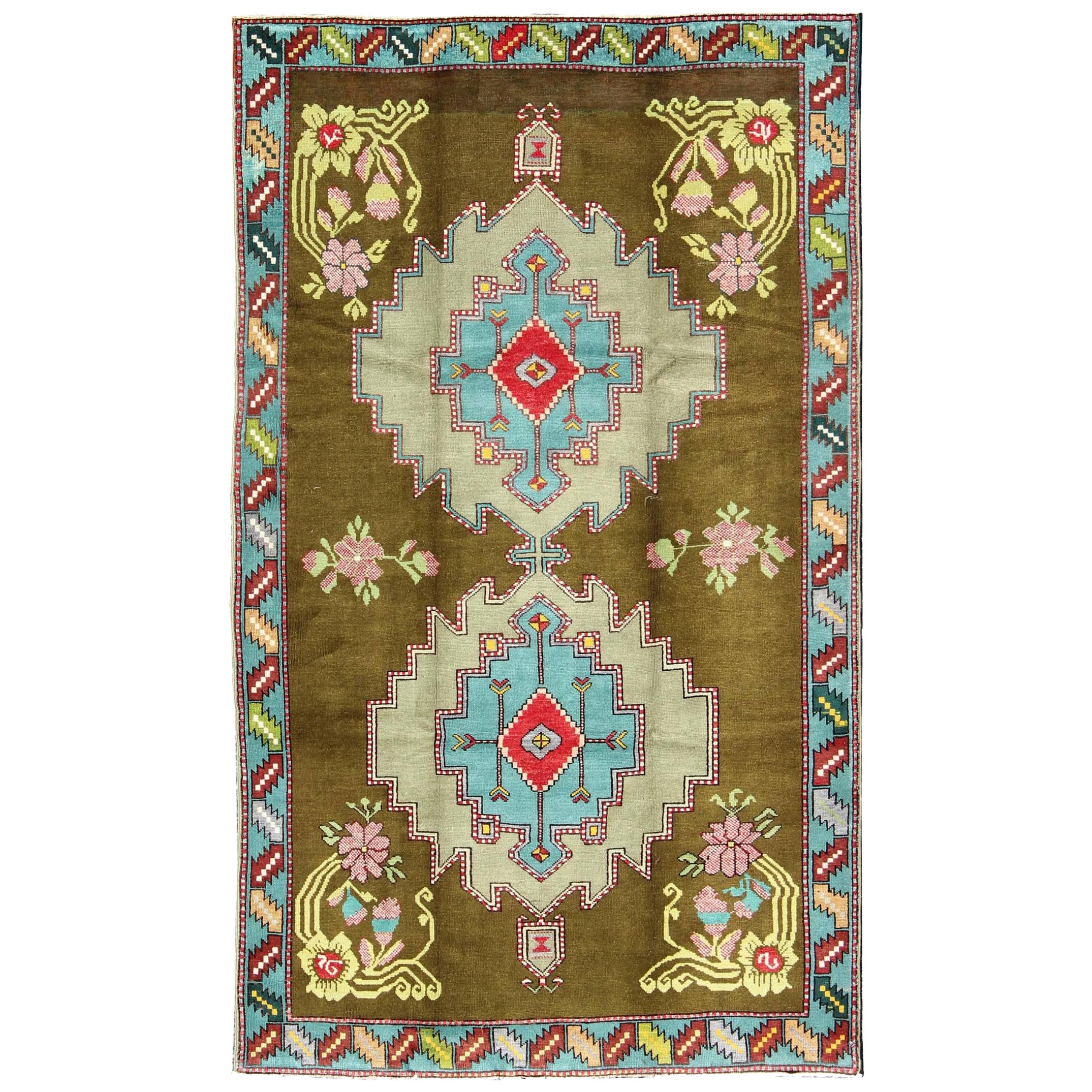Bright Vintage Turkish Carpet in Green and Unique Vivid Colors & Design