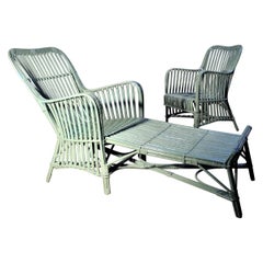 Antique Stick Wicker Chaise Lounge and Matching Chair, 1920-1930