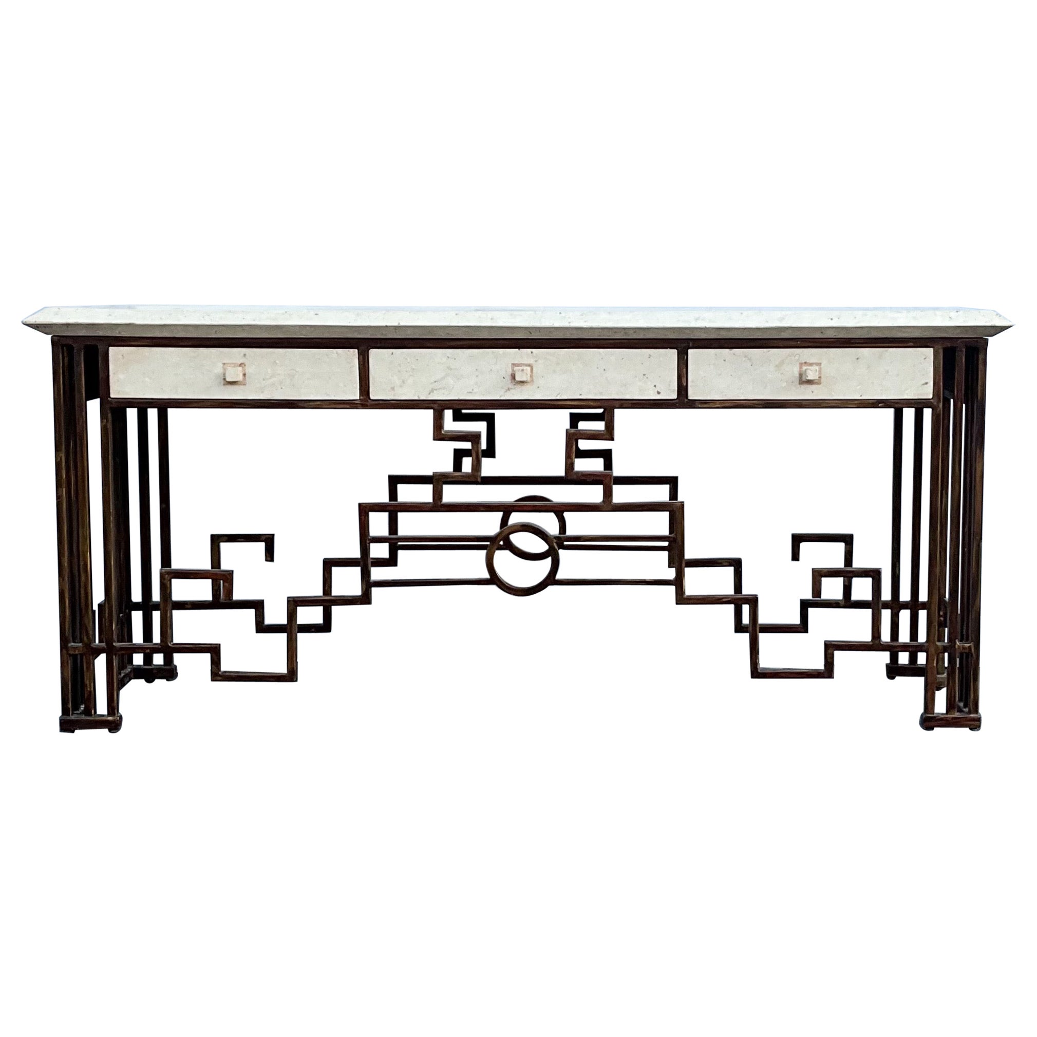 Italian Organic Modern / Arts & Crafts Style Travertine and Iron Console Table For Sale