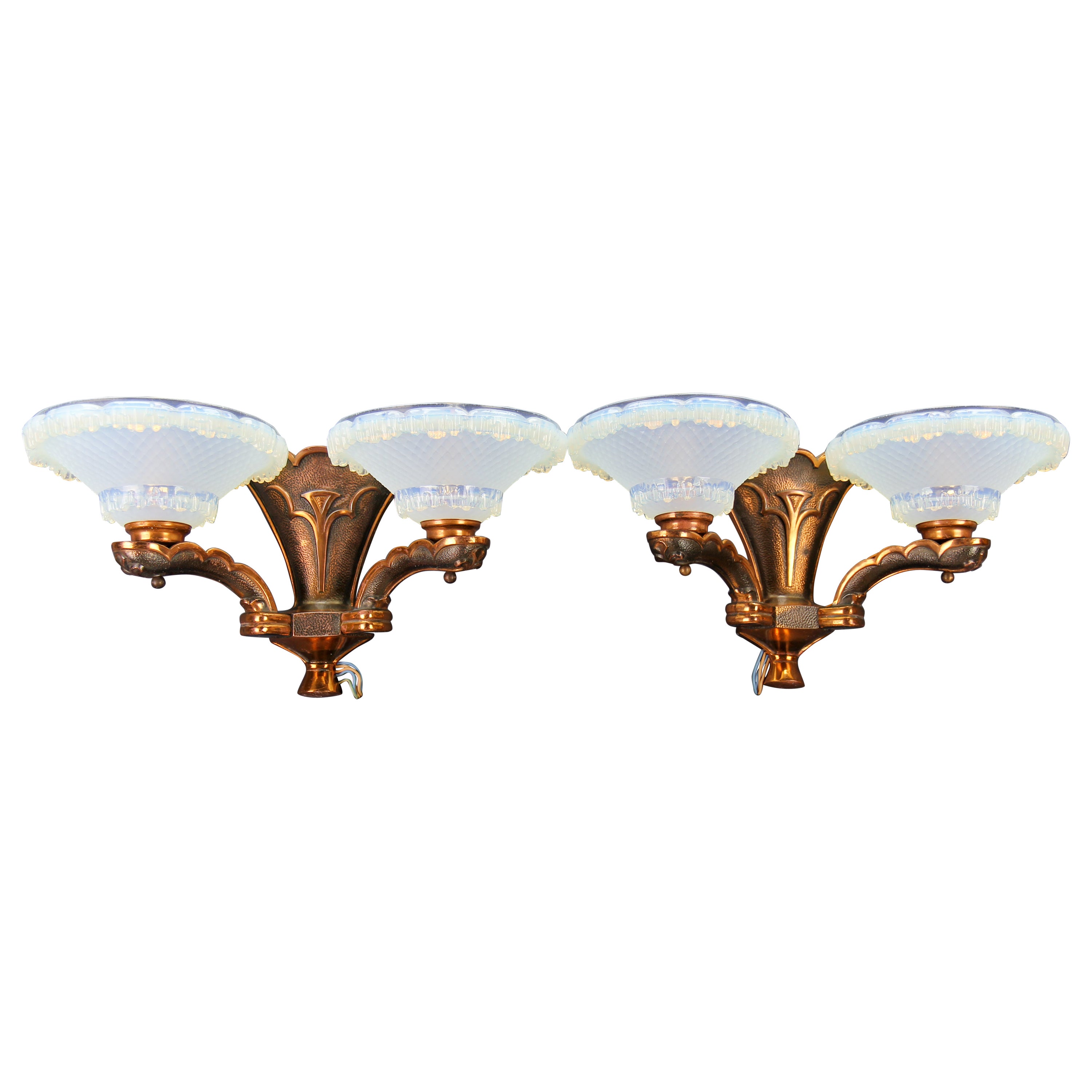 French Art Deco Copper and Opalescent Glass Sconces by Ezan, Set of Two For Sale