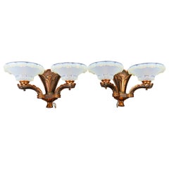Vintage French Art Deco Copper and Opalescent Glass Sconces by Ezan, Set of Two