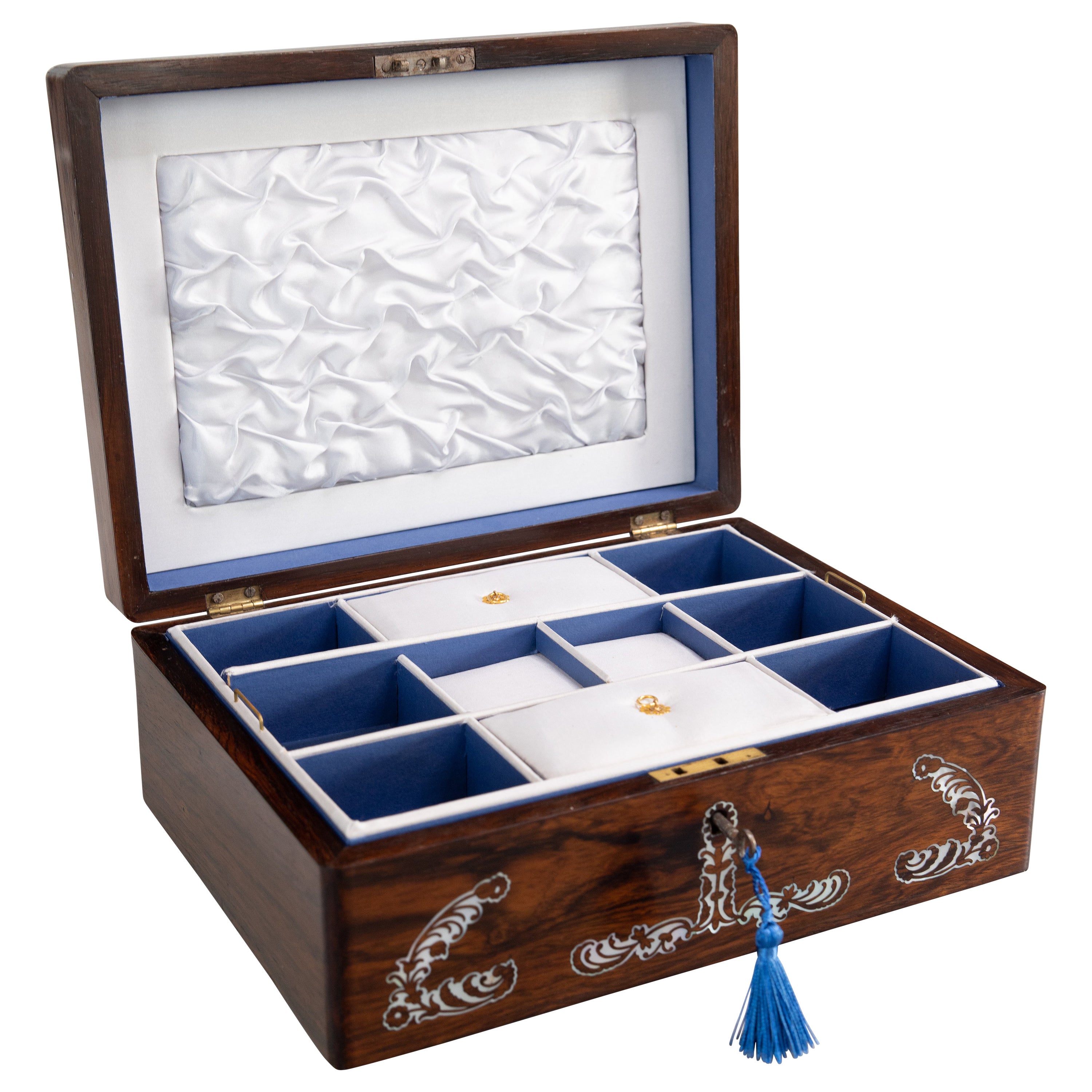 Boîte à bijoux en palissandre et nacre anglaise du 19e siècle en vente
