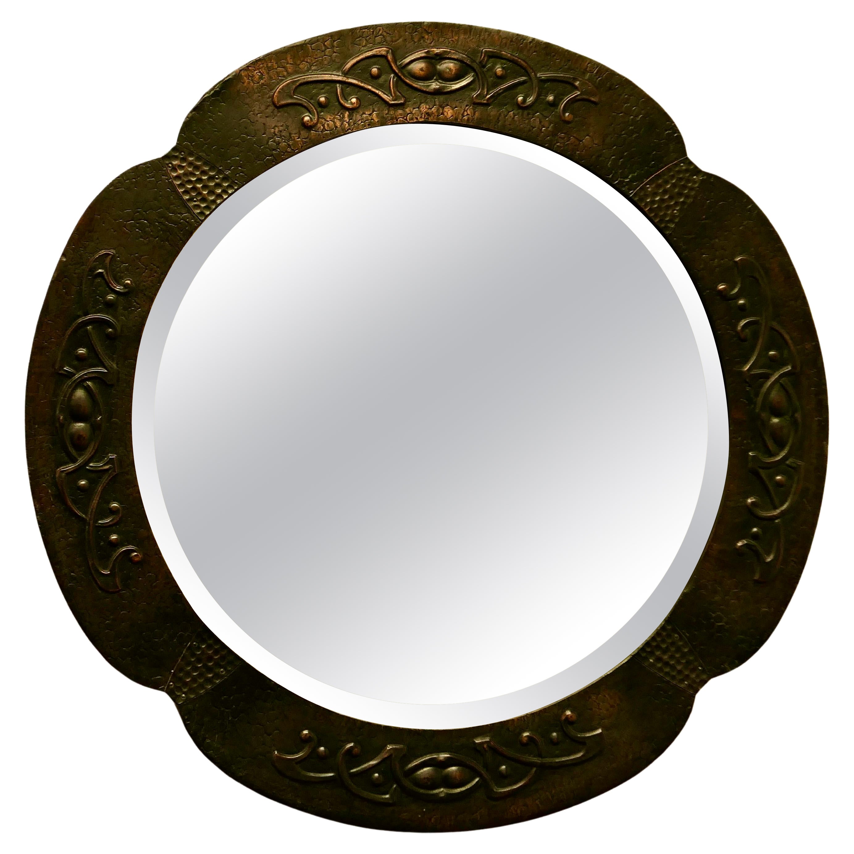 Beautiful Art Nouveau Round Copper Wall Mirror For Sale