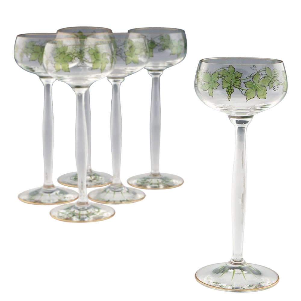 Set of Nine Theresiental Grapevine Enamelled Wine Glasses, c1905 For Sale