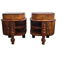 Pair of Italian Art Deco Night Stands Bed Side Tables in Burl Walnut